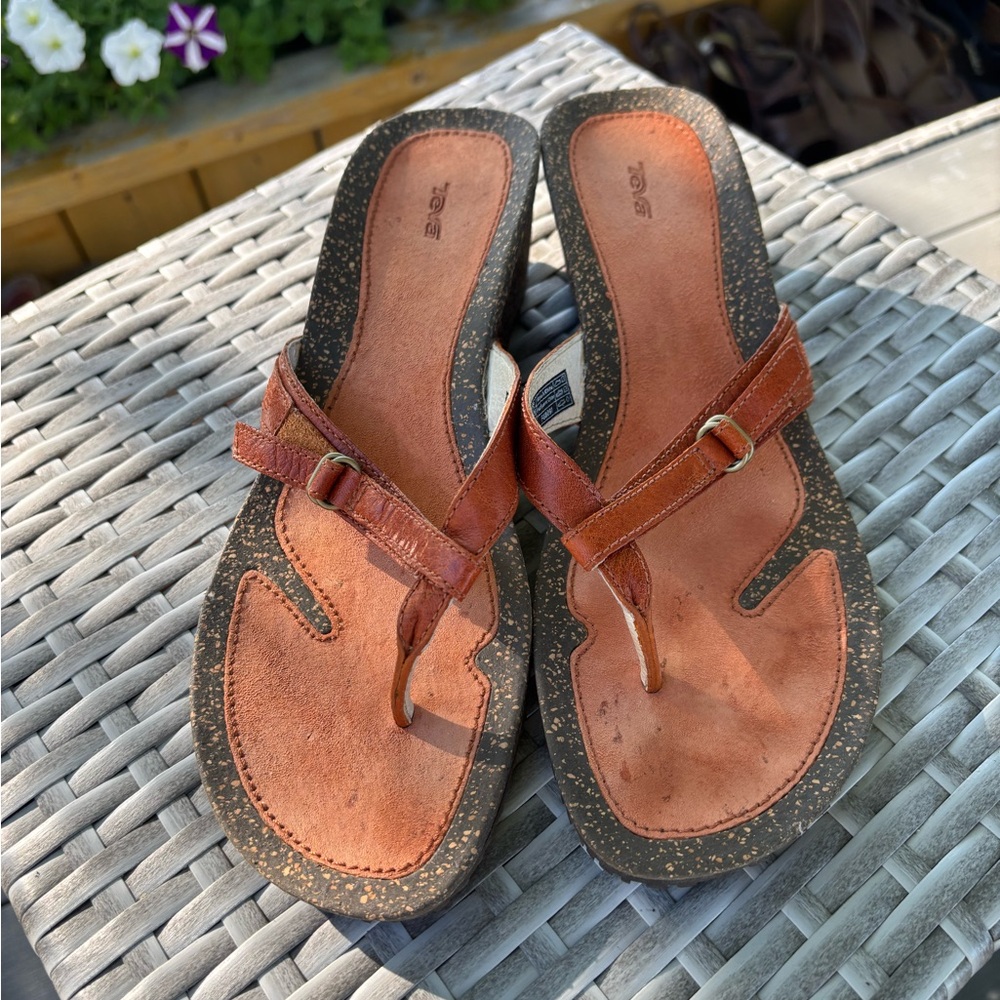 Teva Orange Leather Womenβs Sandals With Cork Heel Size 10